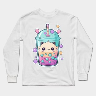 Cute Cat Bubble Tea Cartoon Boba Drawing Long Sleeve T-Shirt